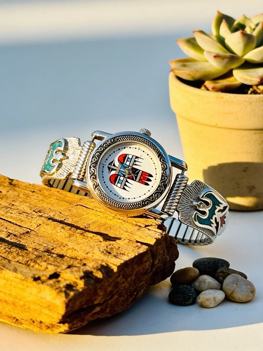 Navajo Sterling Turquoise/Coral Inlay Thunderbird Tips + Black Apache Watch